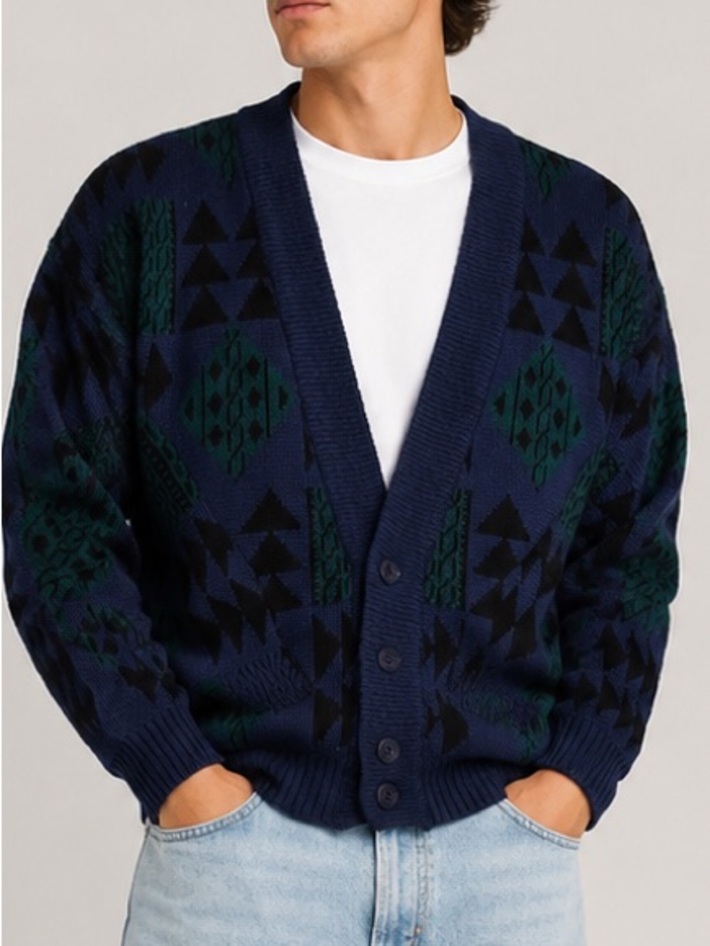 Pure Stuff 100% Pure Wool Southwestern Geometric Cardigan Sweater Blue Green